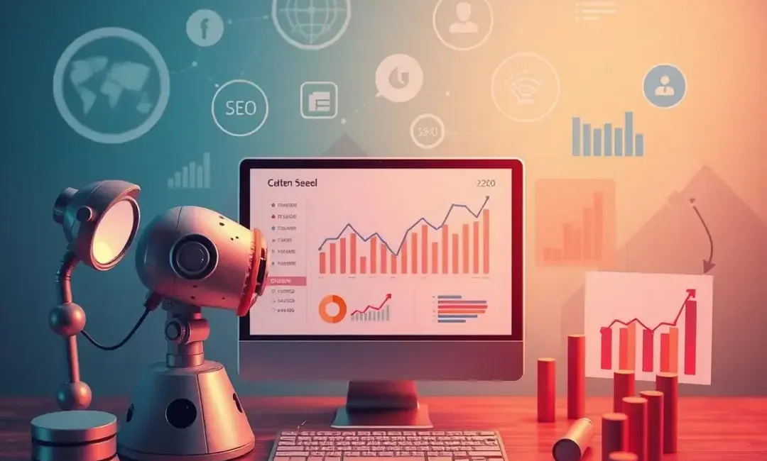 AI tools analyzing data, content creation, and SEO performance metrics.