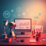 AI tools analyzing data, content creation, and SEO performance metrics.