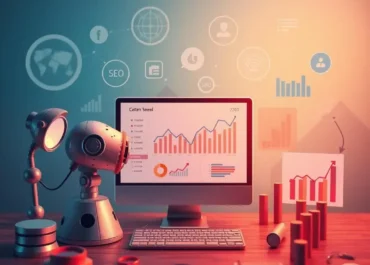 AI tools analyzing data, content creation, and SEO performance metrics.