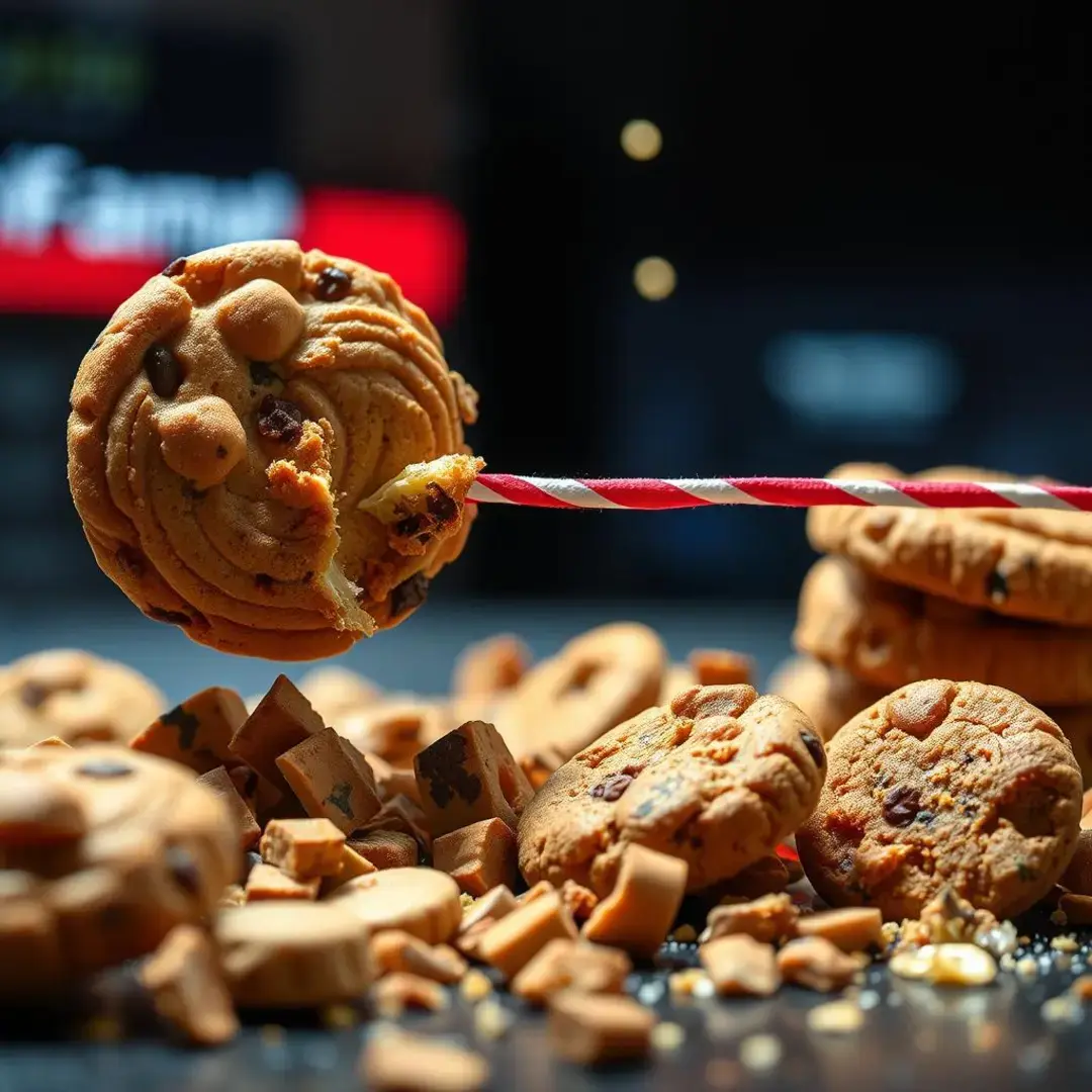 Diminishing cookies depicted as crumbling digital barriers, startups adapting.