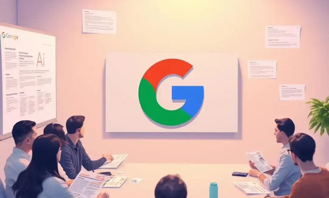 AI-generated articles, Google logo, startup brainstorming session.