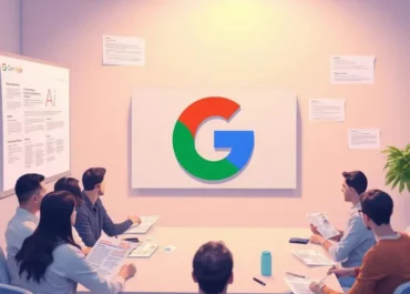 AI-generated articles, Google logo, startup brainstorming session.