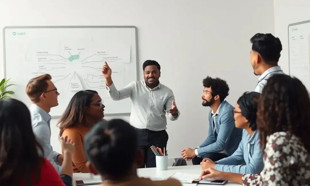 A leader inspiring a diverse team in brainstorming session.