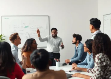 A leader inspiring a diverse team in brainstorming session.