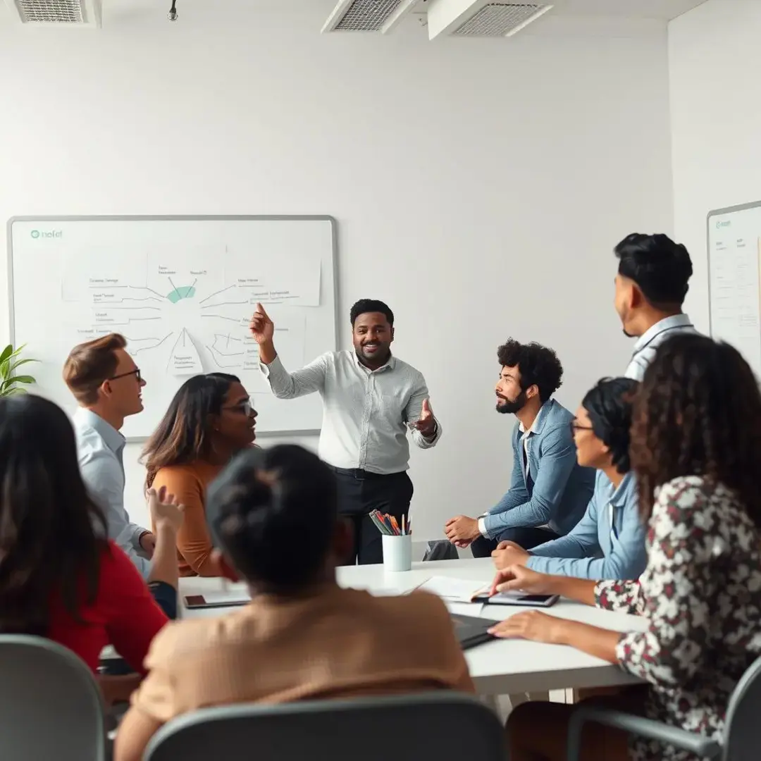 A leader inspiring a diverse team in brainstorming session.