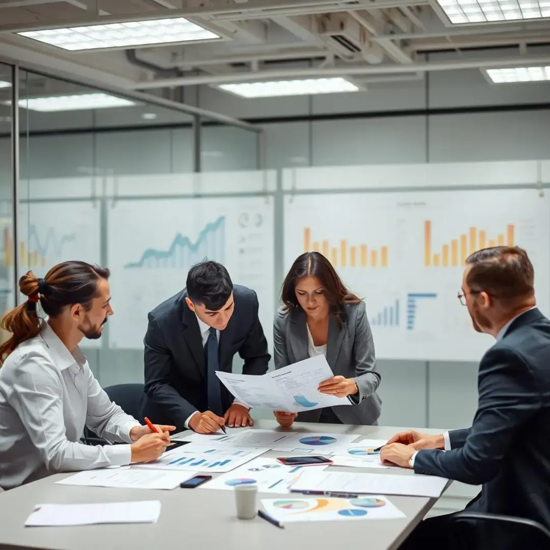 Business team analyzing charts, brainstorming, and strategizing solutions.