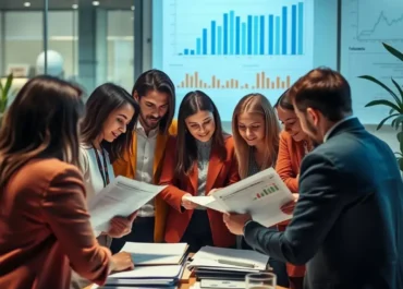 Group of diverse individuals reviewing investment documents and charts.