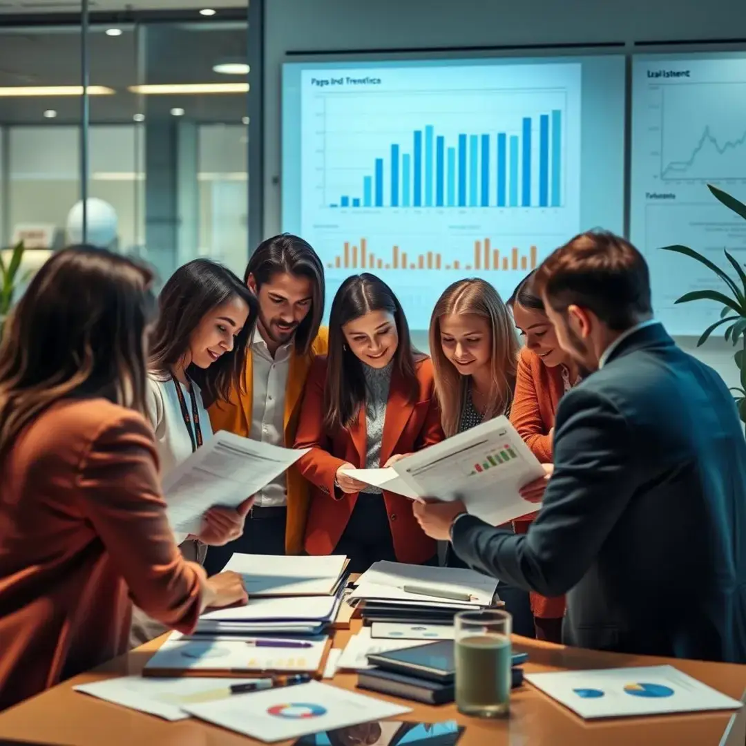 Group of diverse individuals reviewing investment documents and charts.