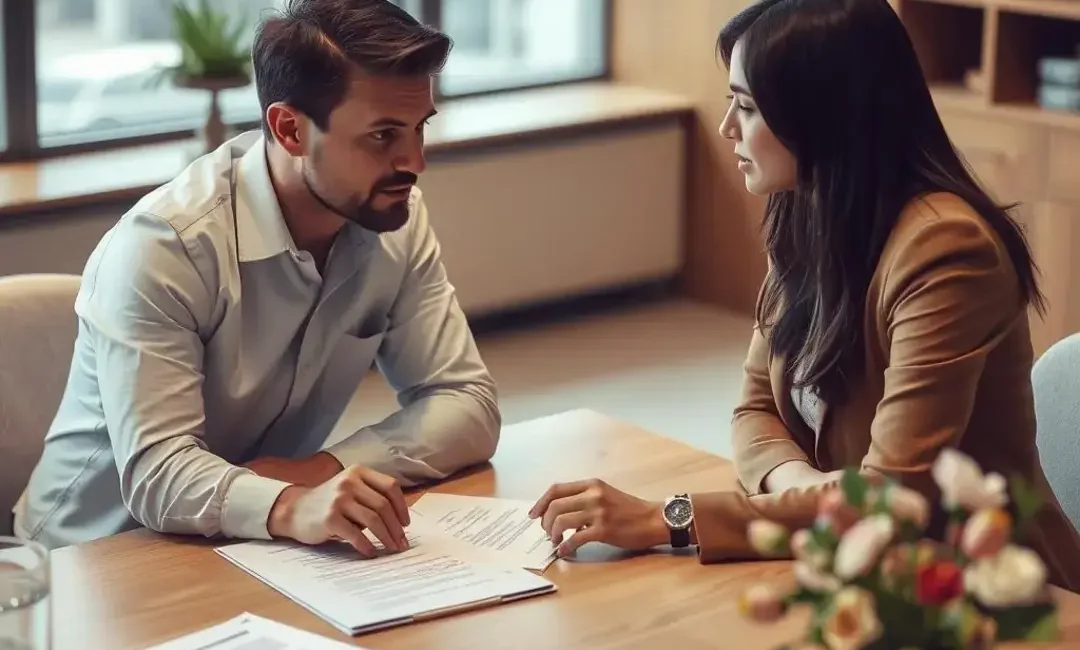 Two people discussing insurance risks over a table with documents.