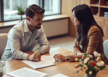 Two people discussing insurance risks over a table with documents.