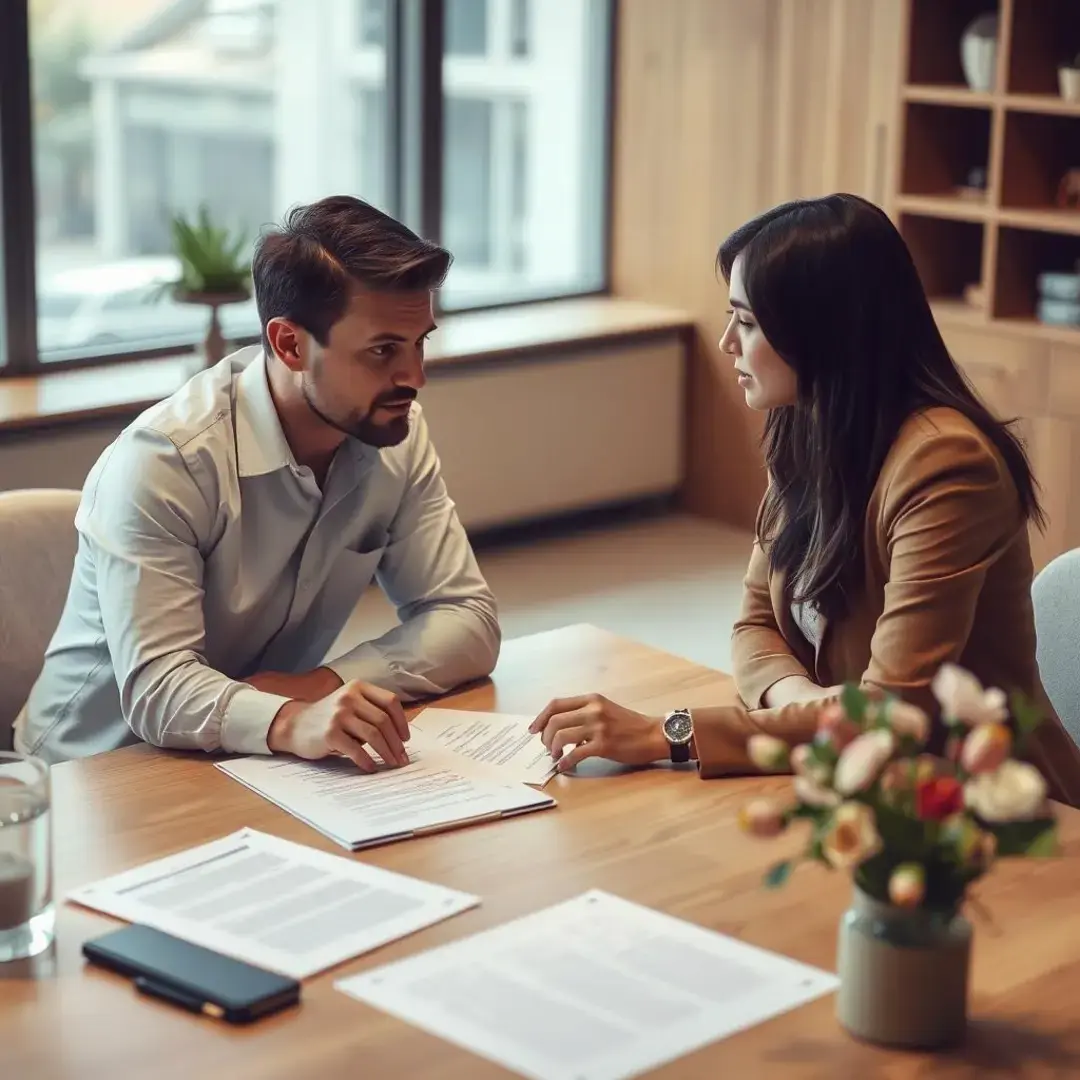 Two people discussing insurance risks over a table with documents.