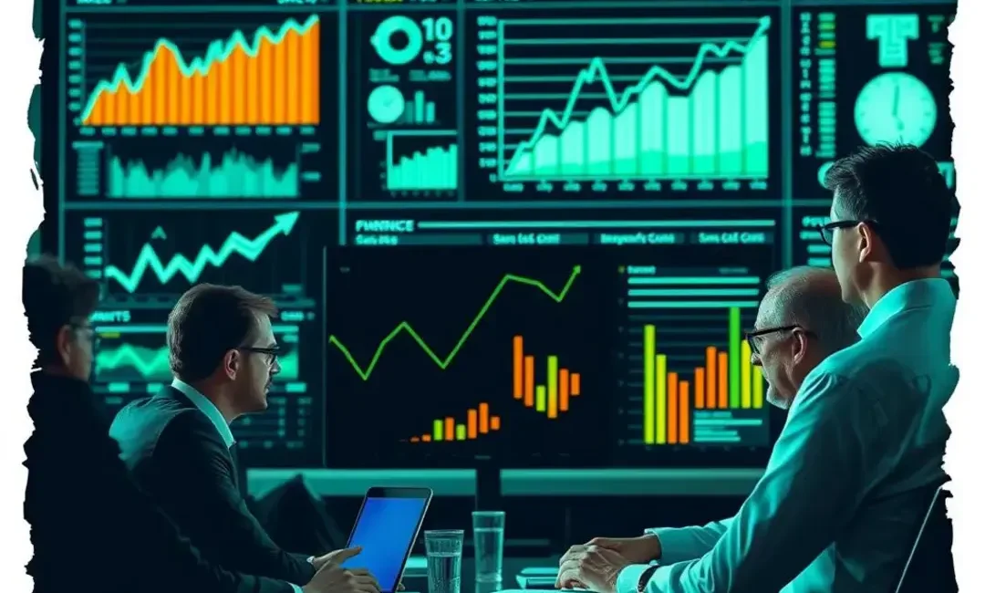 Graphs, charts, finance experts discussing investment strategies.