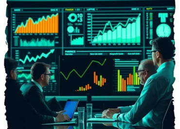 Graphs, charts, finance experts discussing investment strategies.