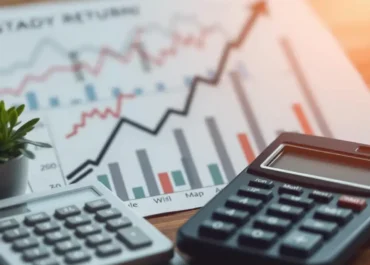 Graph of steady returns, bonds, financial charts, and calculator.