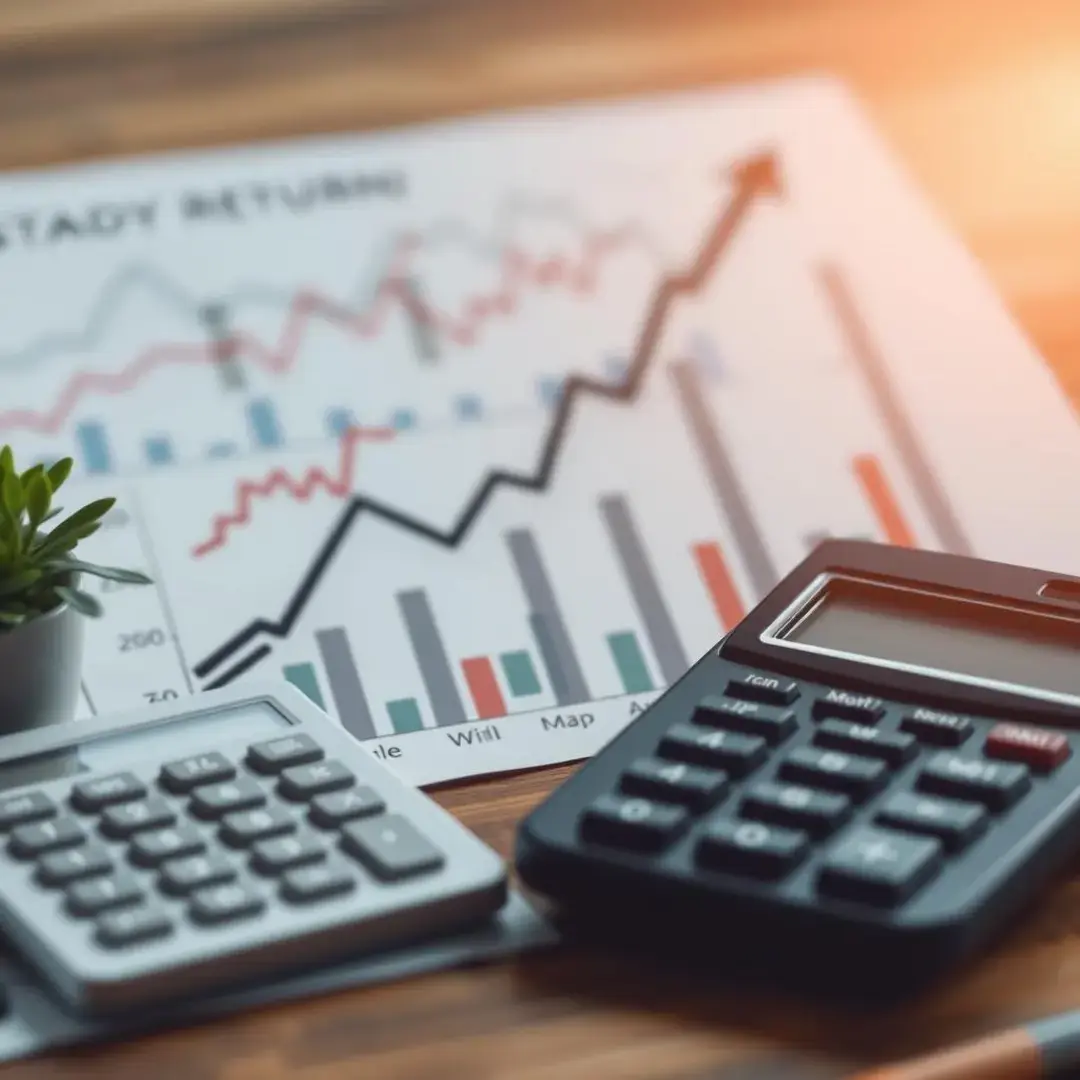 Graph of steady returns, bonds, financial charts, and calculator.