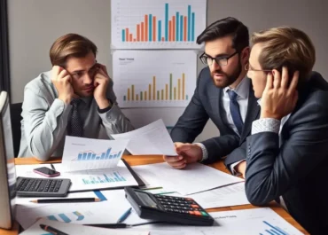 Calculator, graphs, documents, anxious entrepreneurs discussing finance options.