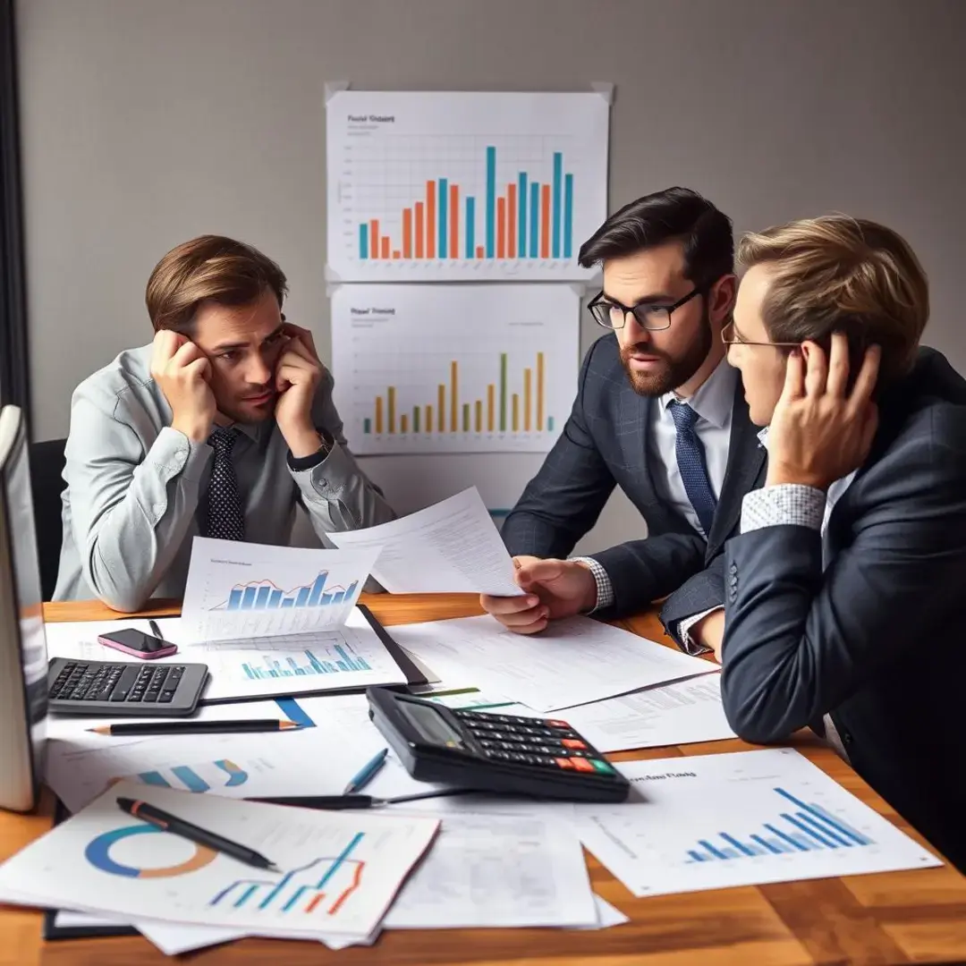 Calculator, graphs, documents, anxious entrepreneurs discussing finance options.