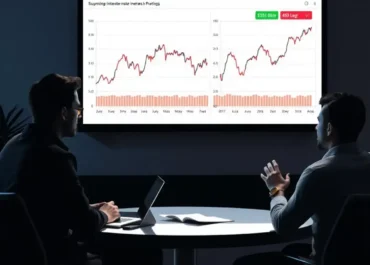 Graphs showing fluctuating interest rates and a startup discussing financing.