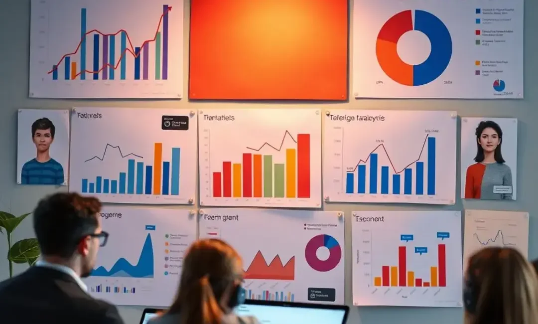 Graphs, charts, diverse user personas, marketing strategies, data analytics.