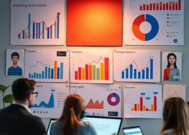 Graphs, charts, diverse user personas, marketing strategies, data analytics.