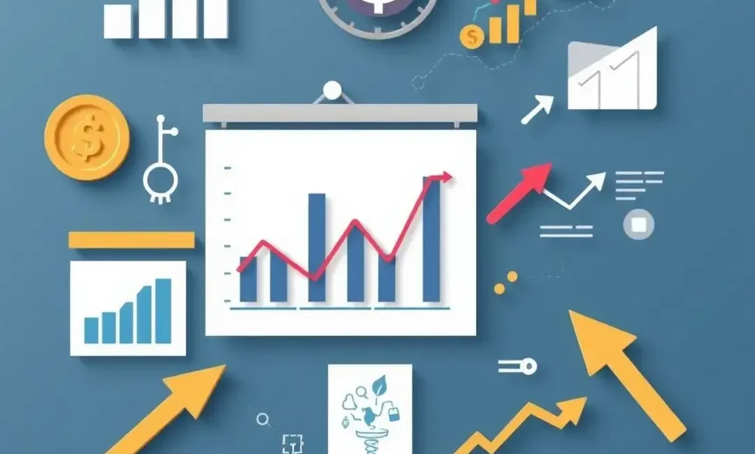 Charts, graphs, money symbols, startups, arrows, and opportunities highlighted.