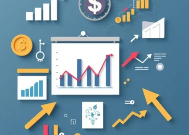 Charts, graphs, money symbols, startups, arrows, and opportunities highlighted.