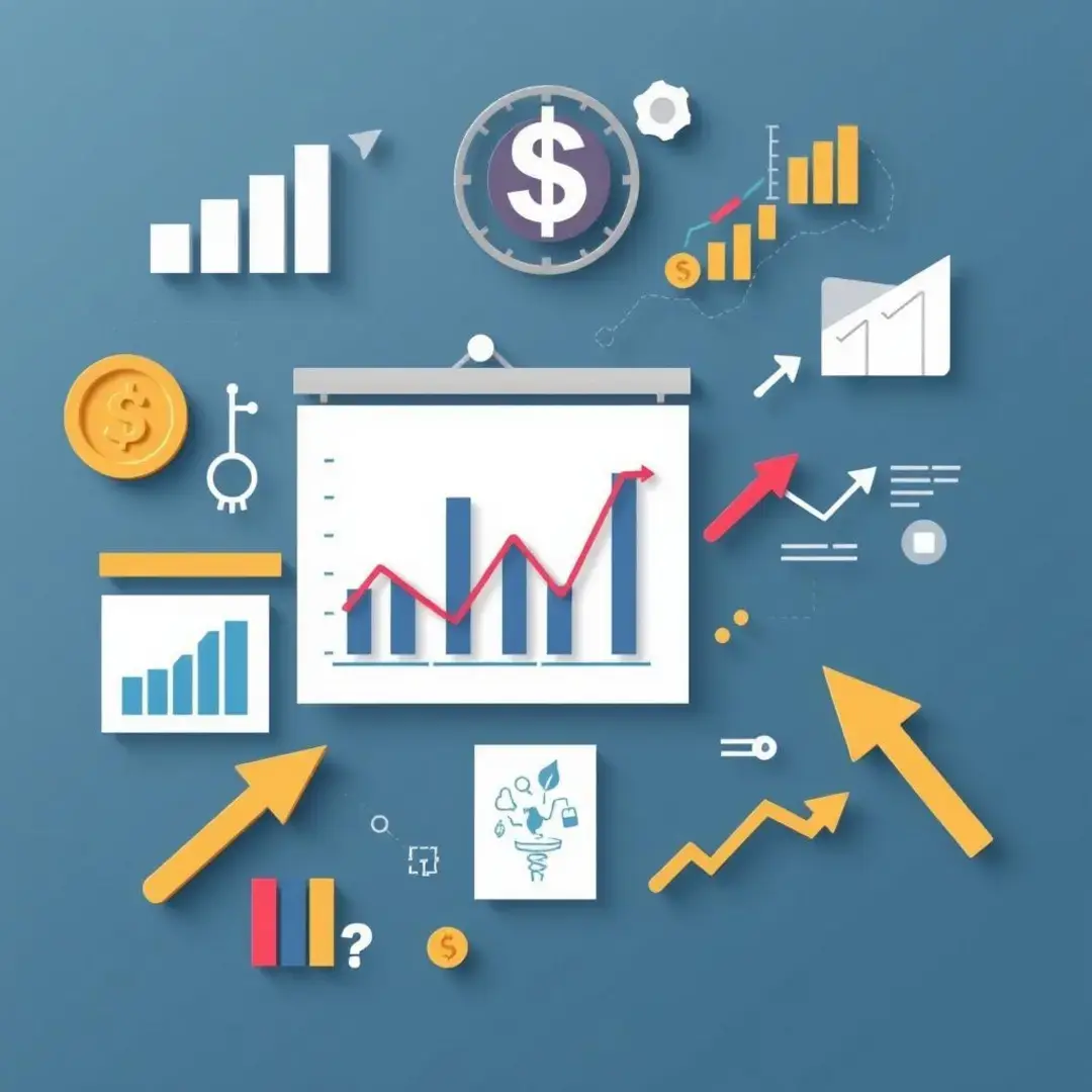 Charts, graphs, money symbols, startups, arrows, and opportunities highlighted.