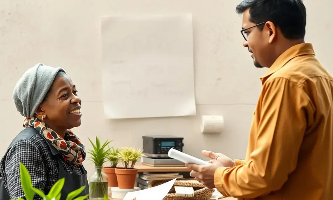 Small business owner discussing microloans with a lender.