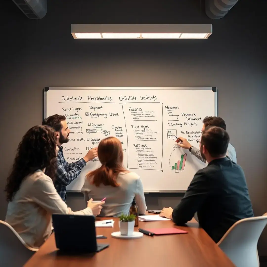 Diverse team strategizing customer acquisition tactics on whiteboard.