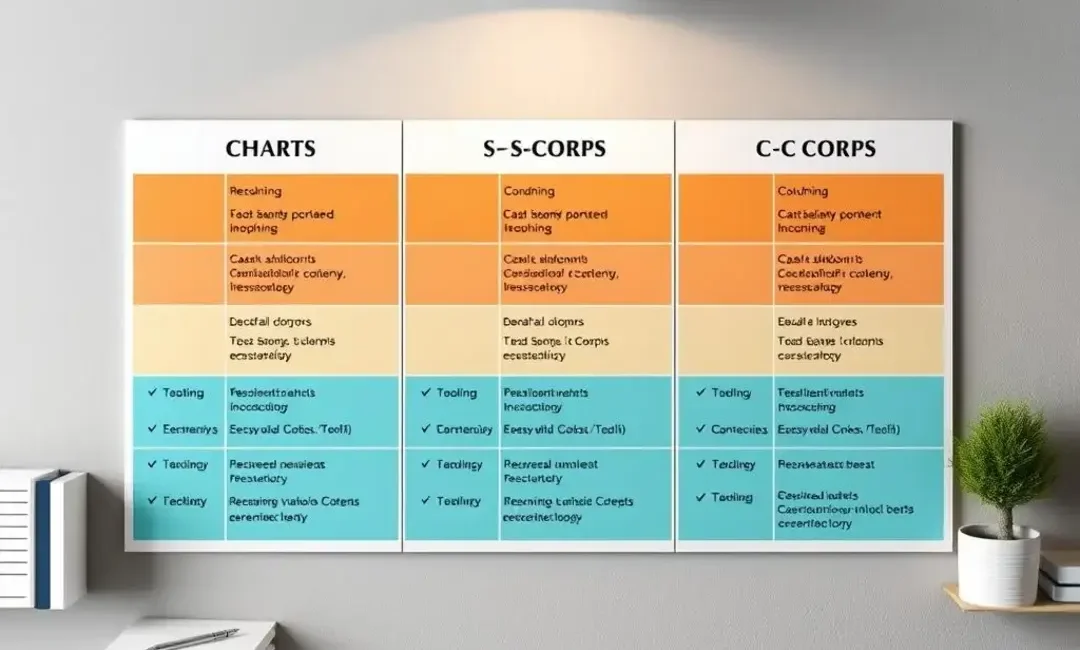 Charts comparing LLCs, S-Corps, C-Corps features and benefits.