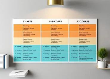 Charts comparing LLCs, S-Corps, C-Corps features and benefits.