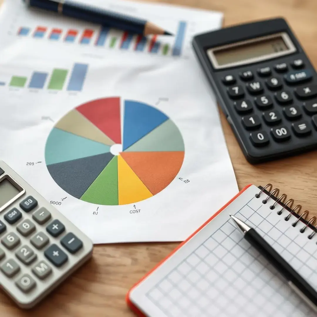 Pie chart showing cost distribution; calculator and notepad nearby.