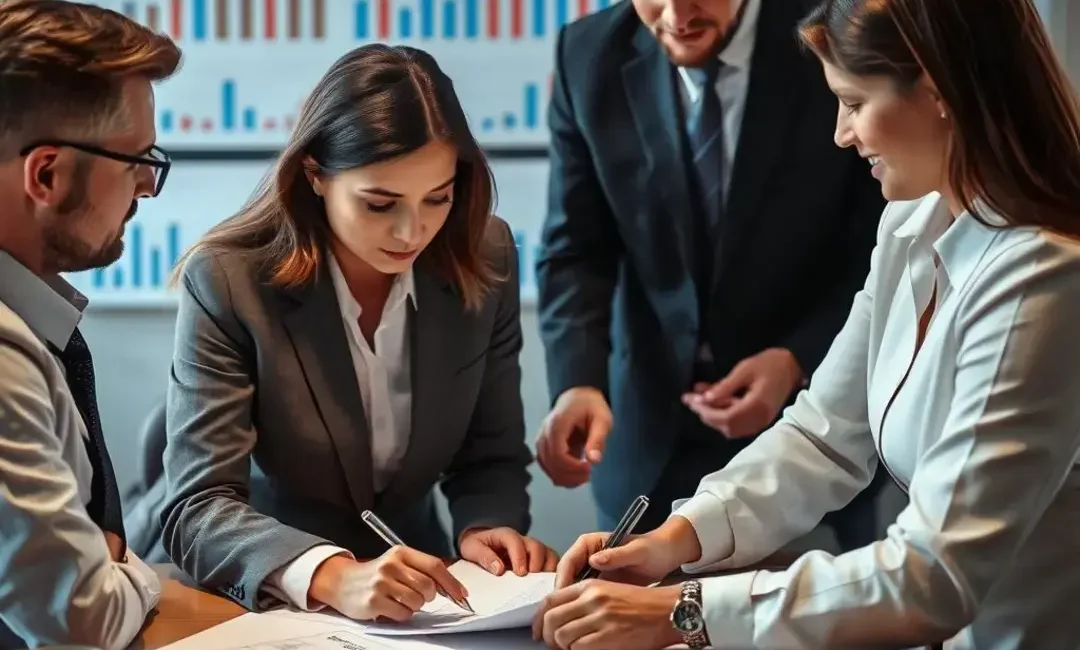 Business people negotiating over documents with charts in background.