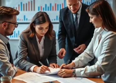 Business people negotiating over documents with charts in background.