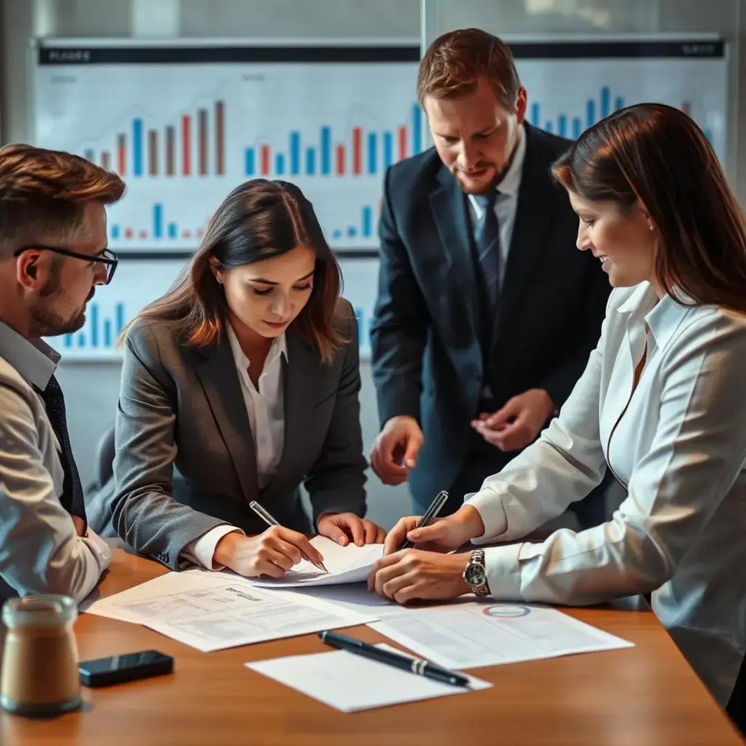 Business people negotiating over documents with charts in background.