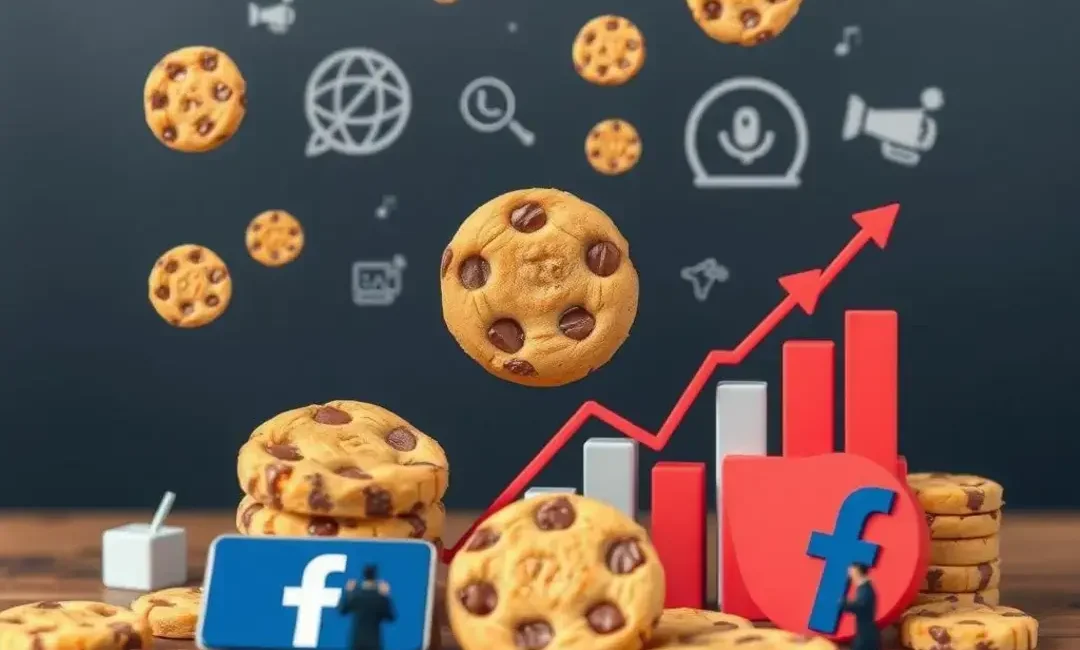 Cookie icons, digital marketing graphs, frustrated marketers, Facebook logo.