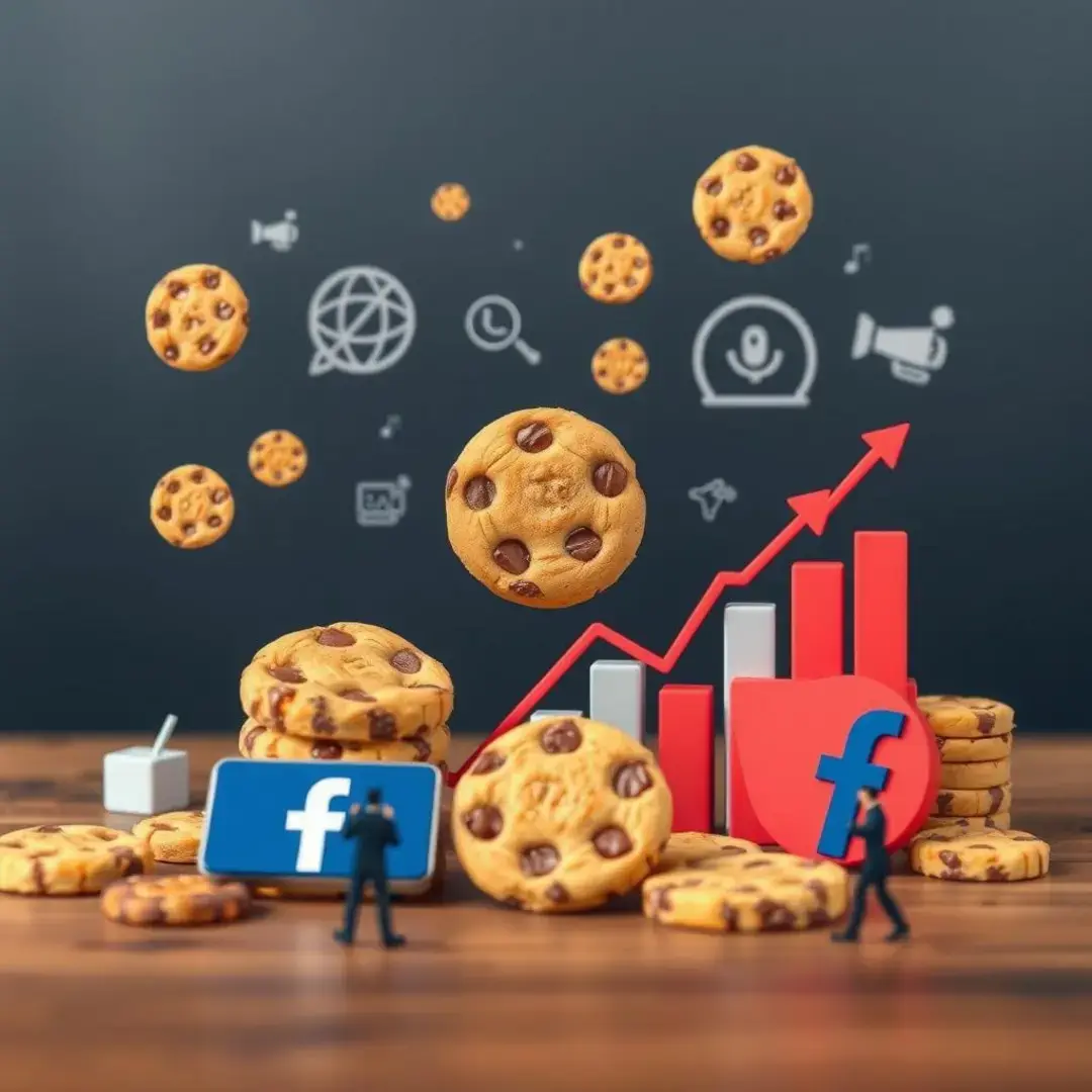 Cookie icons, digital marketing graphs, frustrated marketers, Facebook logo.