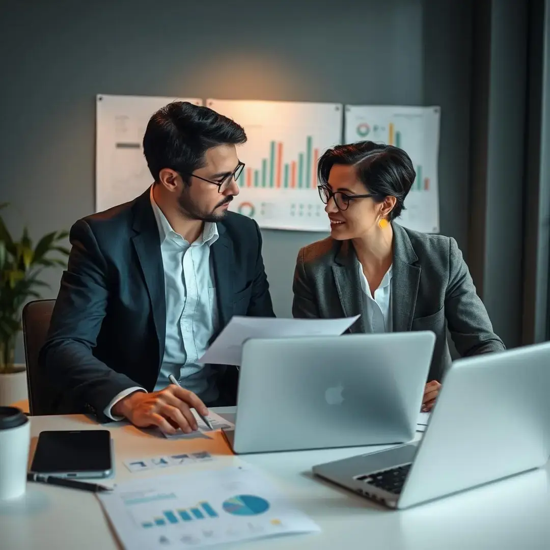 Two people discussing strategies with charts and laptops.