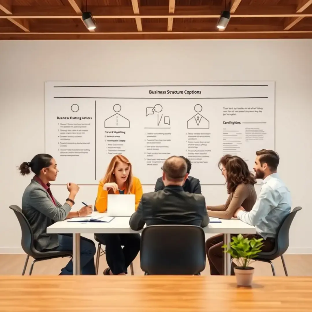 Diverse team discussing business structure options at a table.