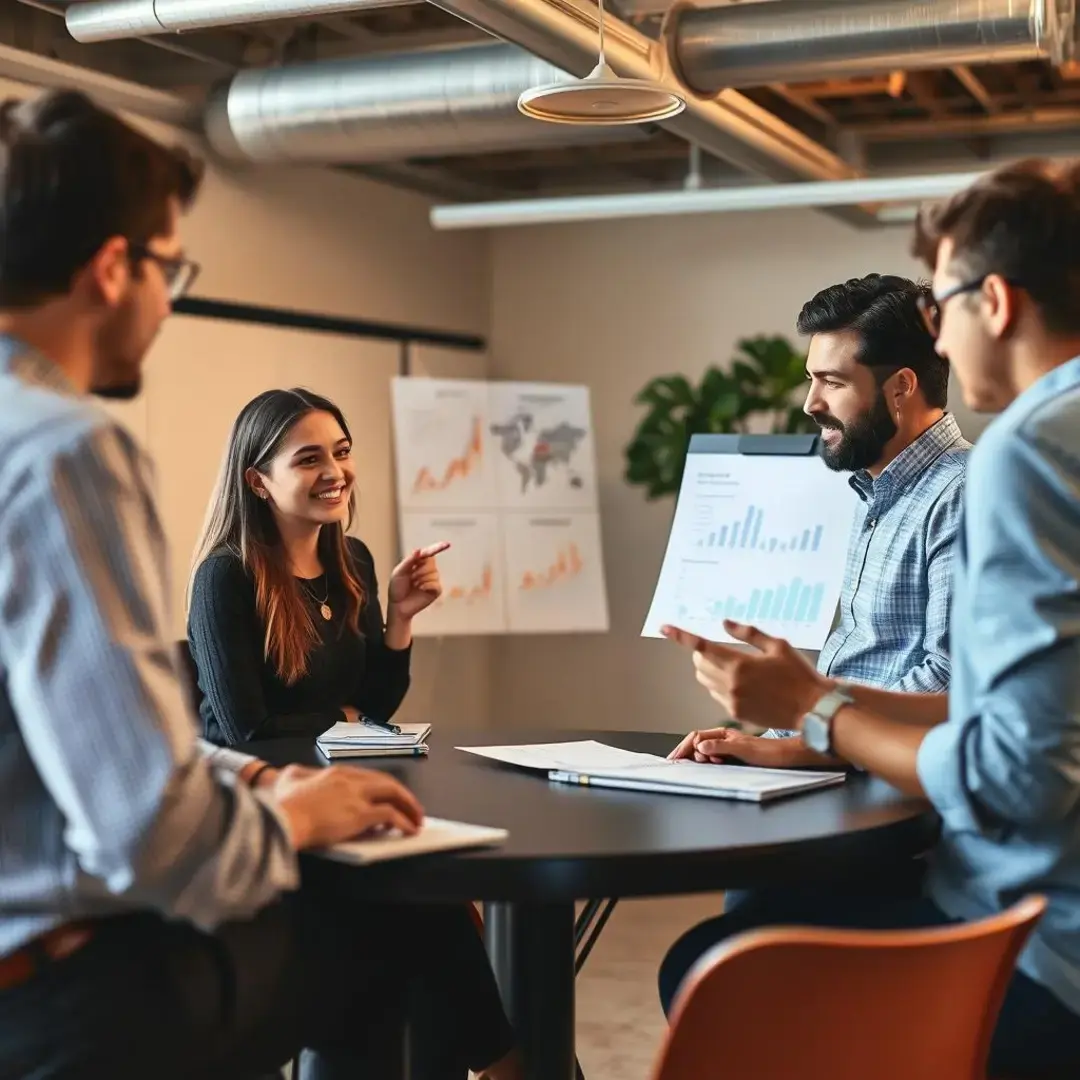 Diverse team discussing feedback, charts, and stakeholder insights.