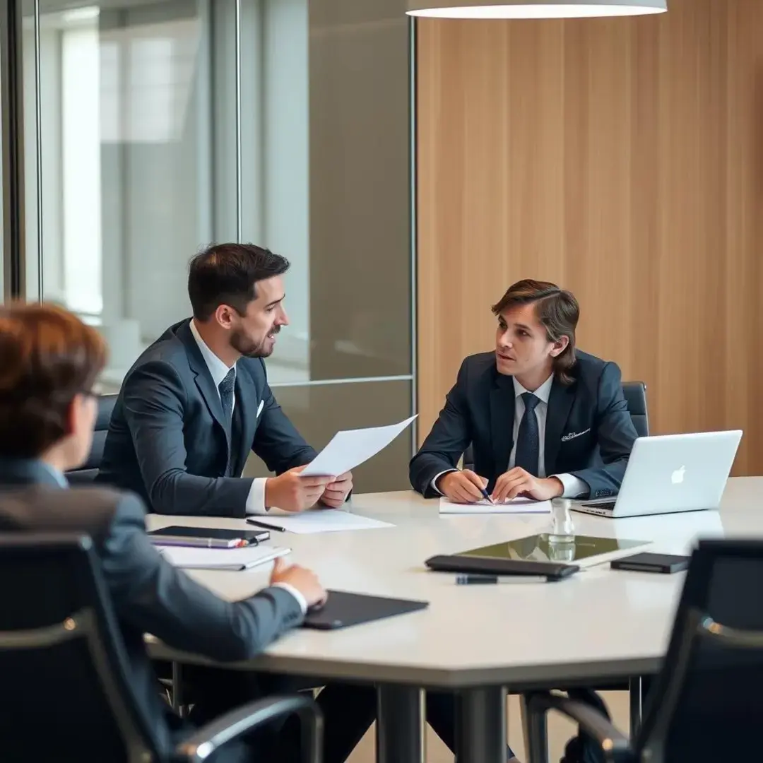 Two business partners discussing strategies over a meeting table.