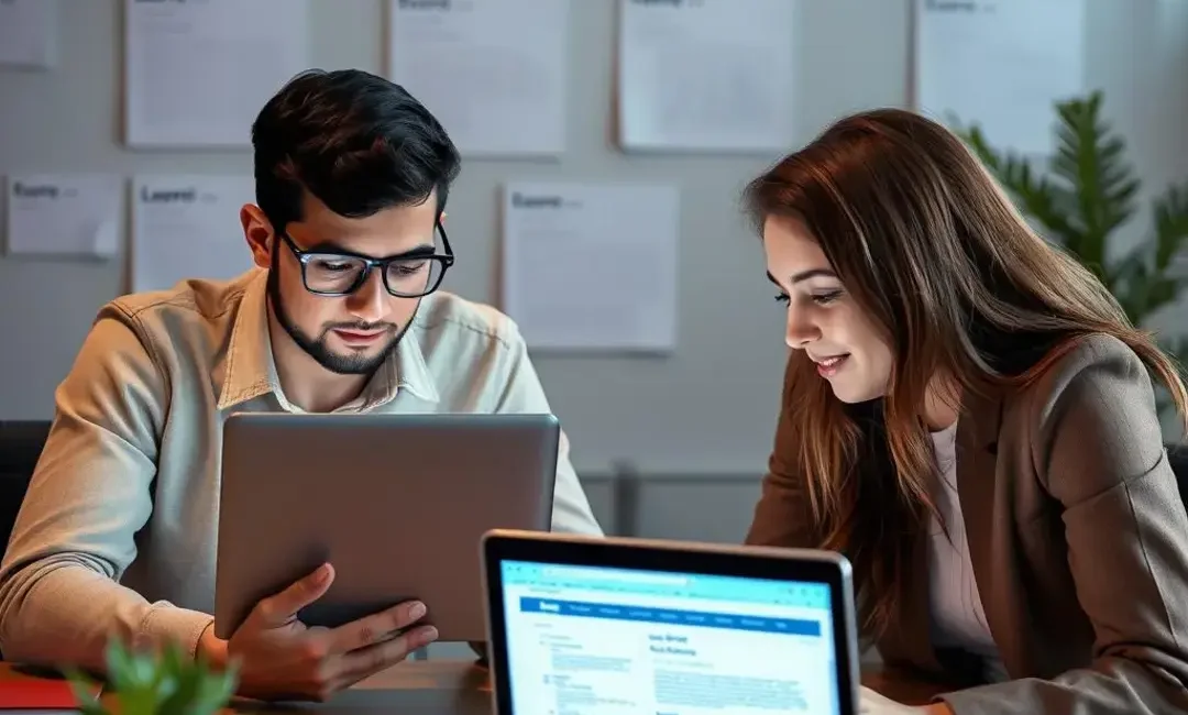 Young entrepreneurs using laptops with legal templates displayed.