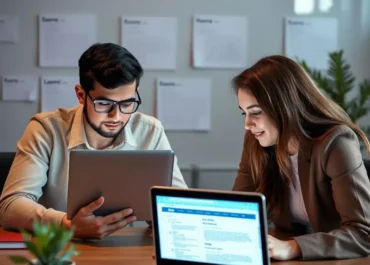 Young entrepreneurs using laptops with legal templates displayed.