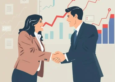 Two business partners shaking hands, surrounded by growth charts.