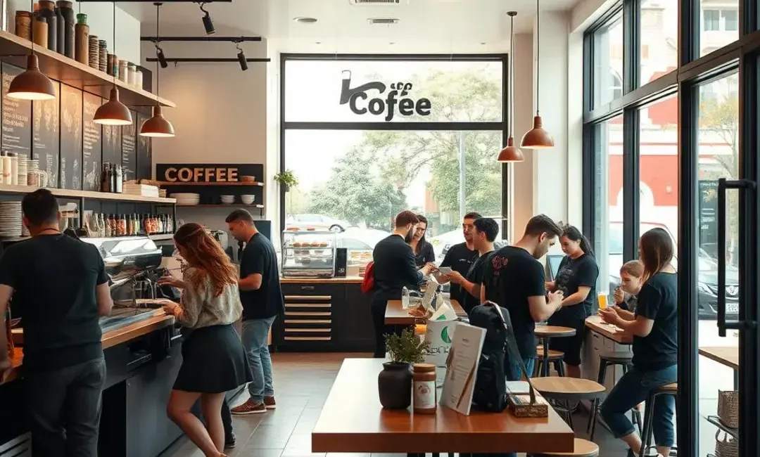 Coffee shop interior, baristas serving customers, branding elements visible.