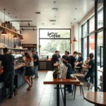 Coffee shop interior, baristas serving customers, branding elements visible.