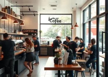 Coffee shop interior, baristas serving customers, branding elements visible.