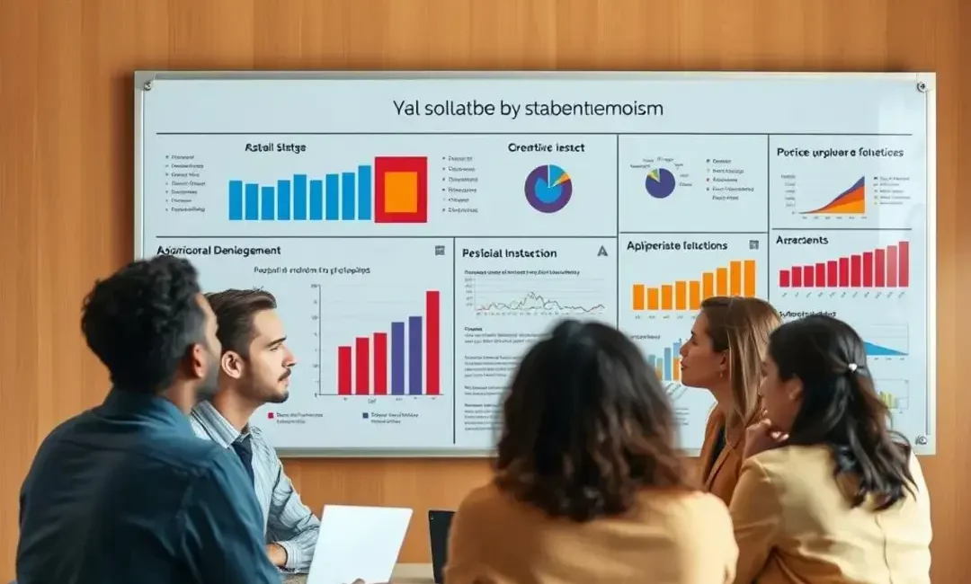 Diverse team discussing absenteeism statistics and solutions on a board.