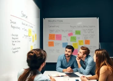 Startup team brainstorming BMC value proposition components on a whiteboard.