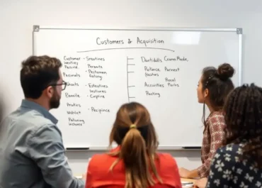 Diverse team brainstorming customer acquisition strategies on a whiteboard.